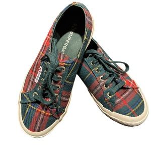Superga Anthropologie Red Green Tartan Plaid Wool Sneakers Unisex Sz W6.5 M5 EUC
